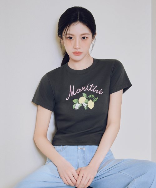 [ ] W LEMON GRAPHIC SLIM CROP TEE charcoal