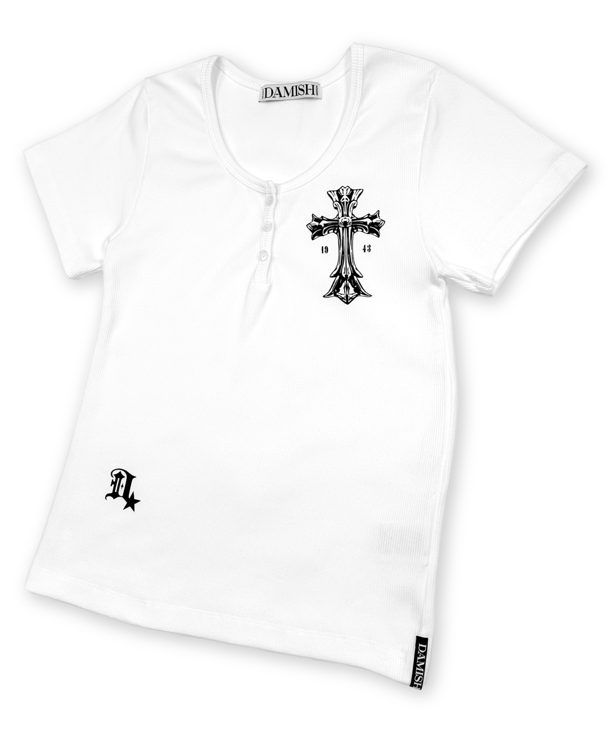 Gothic Cross Henley Neck Short Sleeve White