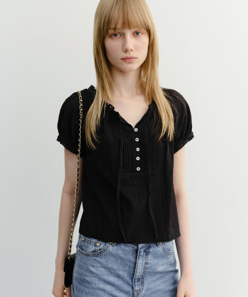 RIBBONED SHIRRING BLOUSE UDBL6B224 BLACK