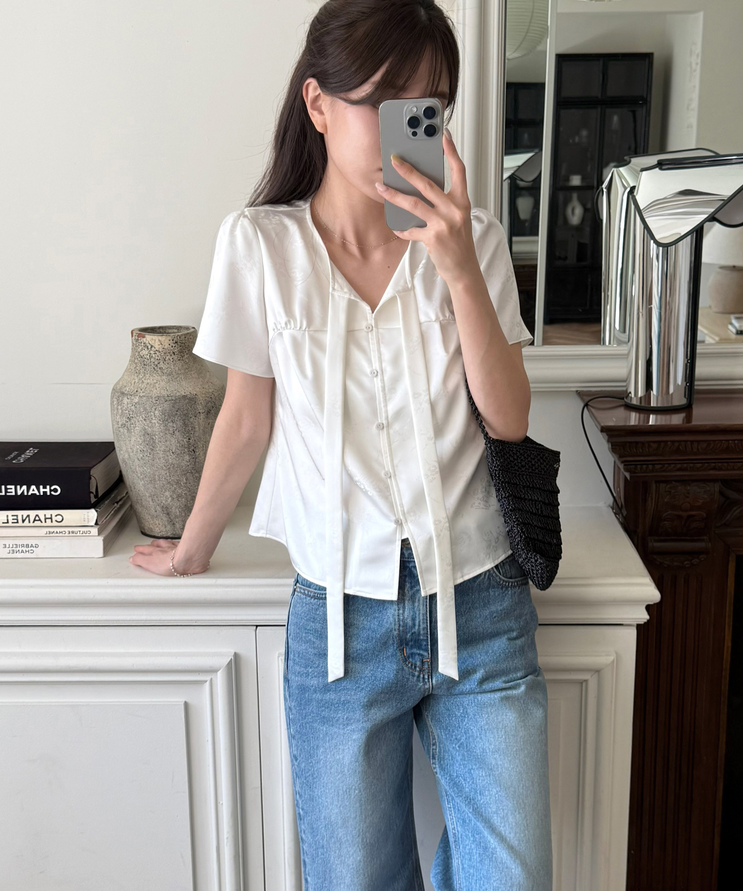SATIN JACQUARD TIE BLOUSE [WHITE]