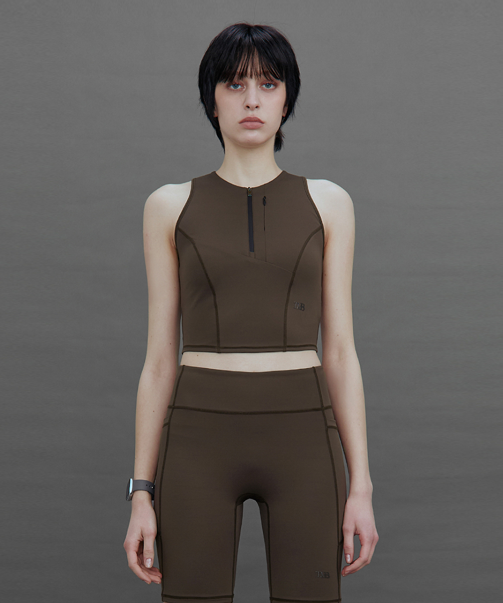 TMB Active Dual-Zip Cropped Tank Top [ Brown ]
