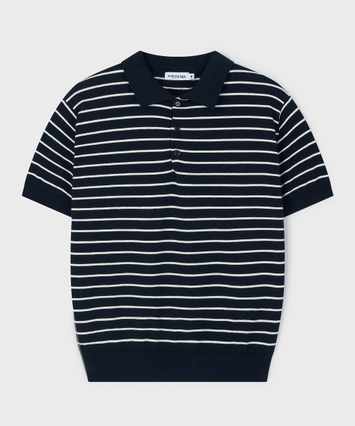 Stripe Short Sleeve Polo Knit - Navy
