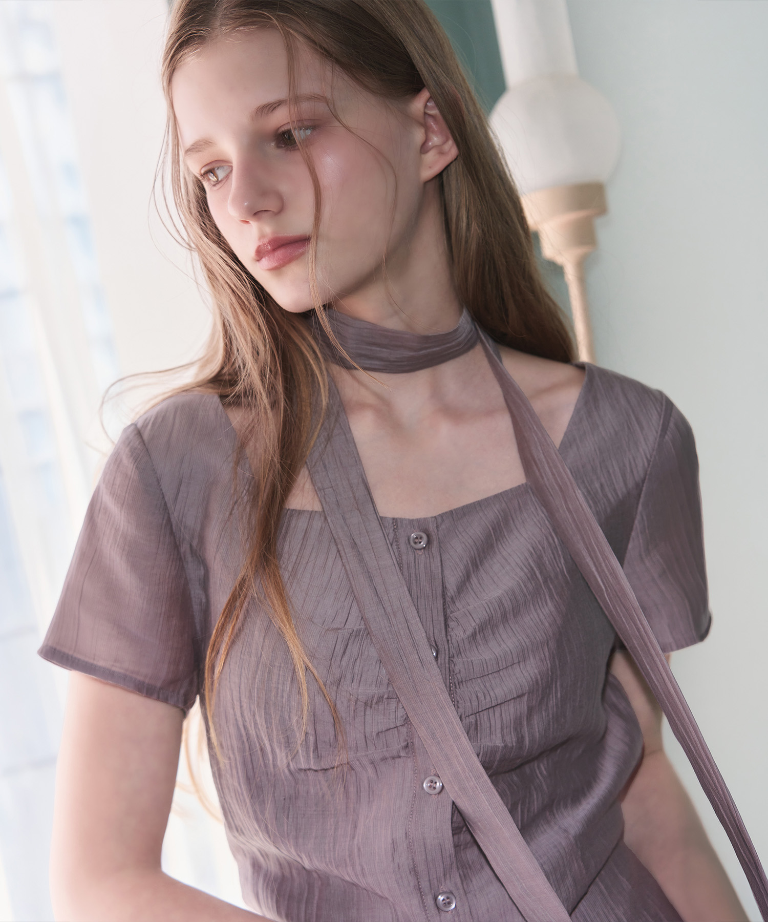 Double Tie Half Blouse [PURPLE GREY]