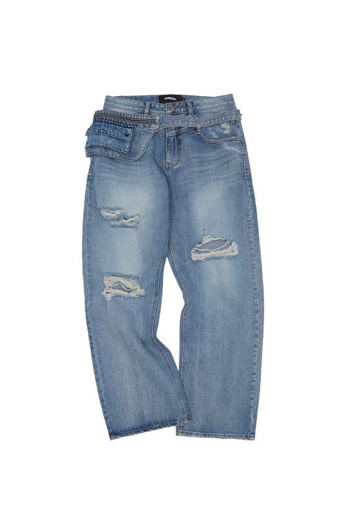 POCKET BELT DAMAGED DENIM PANTS [LIGHT INDIGO]