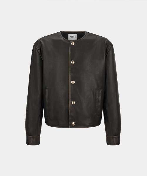 W PURE COLLAR FAUX LEATHER JACKET - BROWN