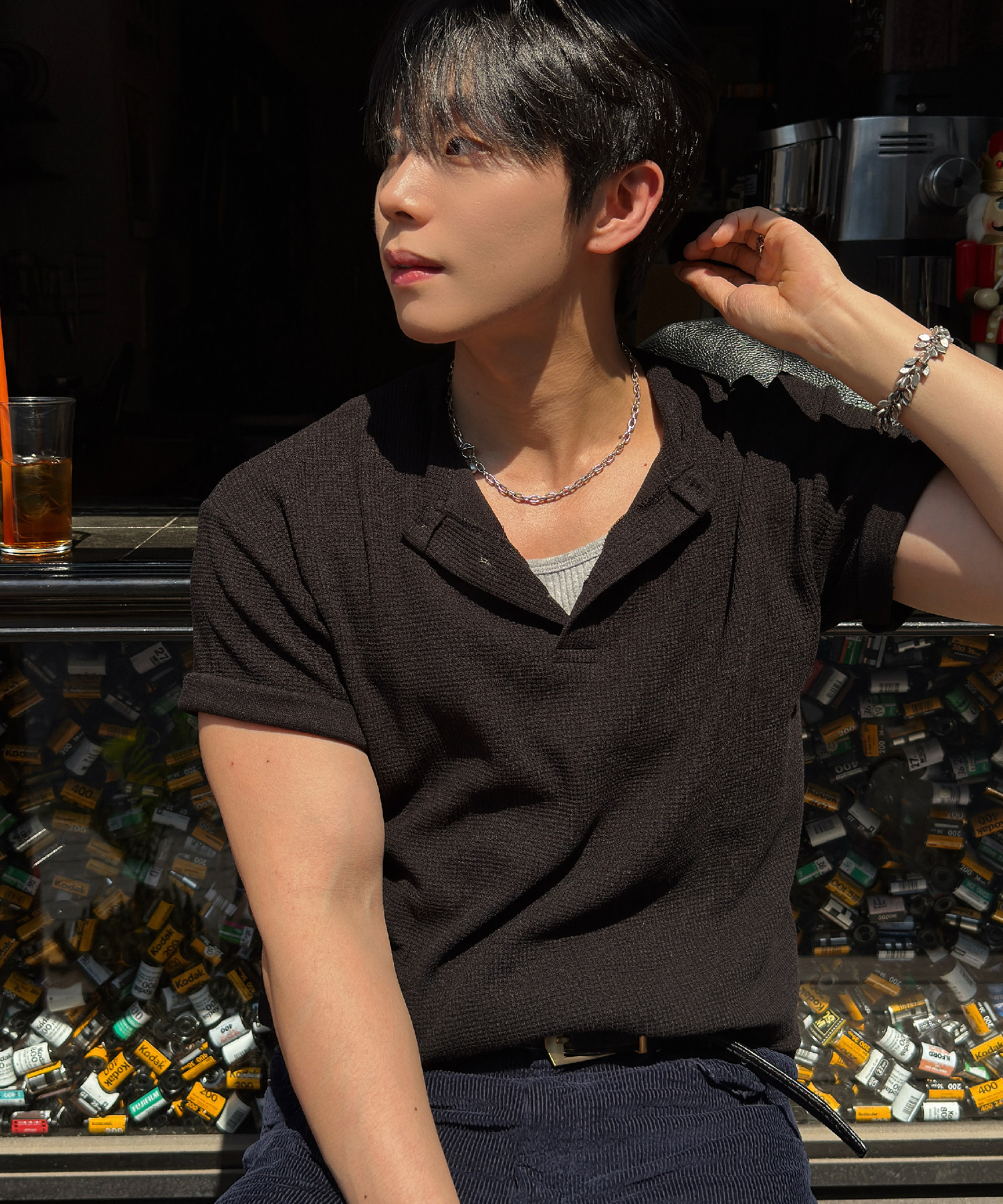 Вафельная henley-neck укороченная футболка [Black]