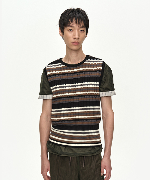 CONTRAST RIB SLEEVELESS atb1534m(BLACK/GREY/BROWN)