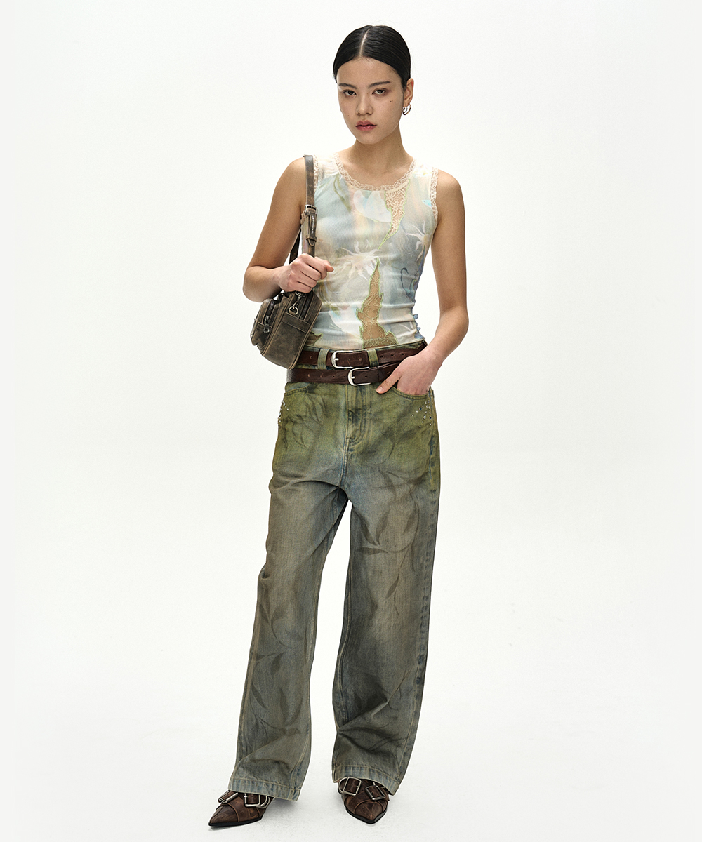 BOTANICAL-PRINT JEANS apa916w(GREEN/BLUE)