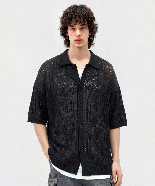 Льняной вязаный кардиган с коротким рукавом (BLACK)