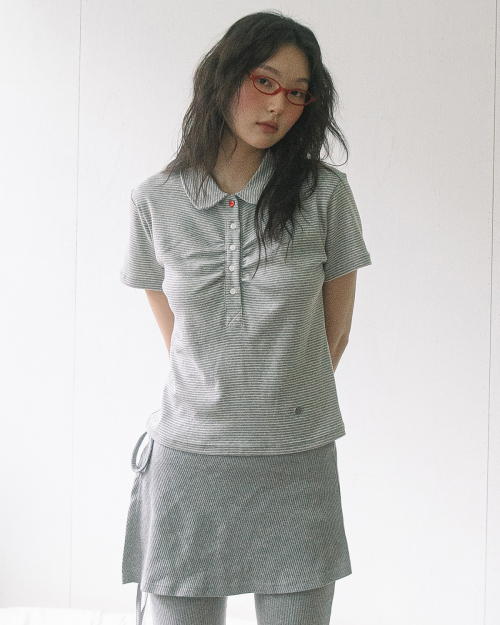 ROUND COLLAR SHIRRING S/S TEE(STRIPE GREY)
