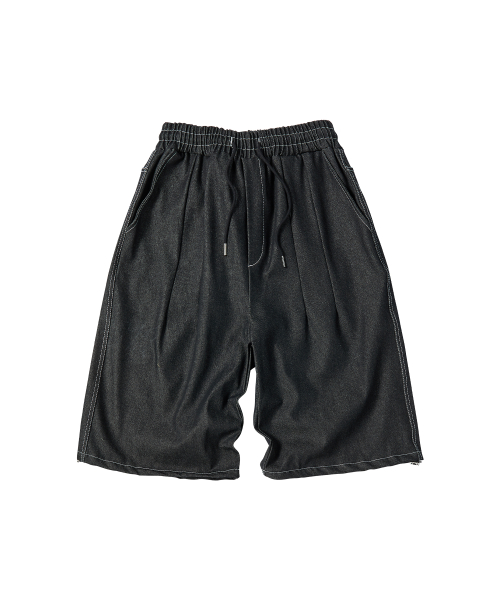 CHECK POCKET DENIM SHORTS [BLACK]