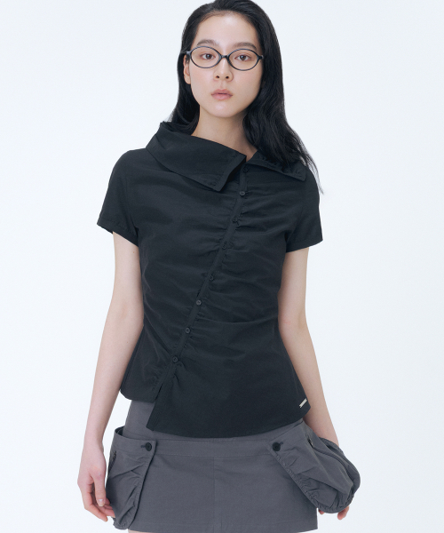 トップス Miseki SEOUL High neck shirring shirt 미세키서울(MISEKI SEOUL) High neck shirring button shirt BLACK