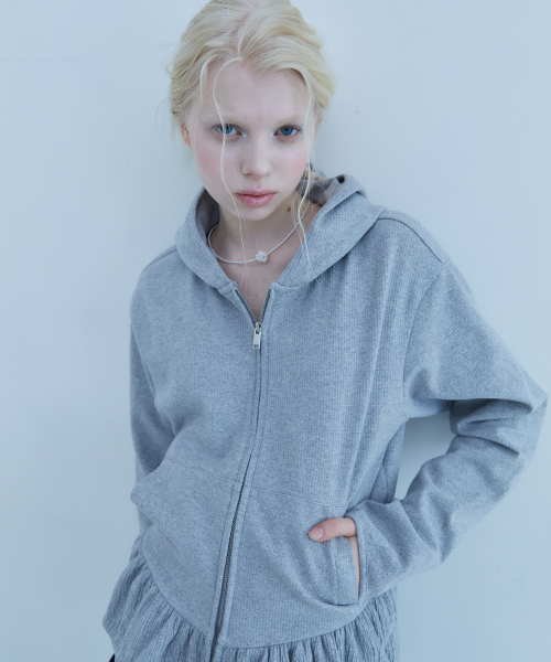 Shirring Hoodie Zip-Up Gray