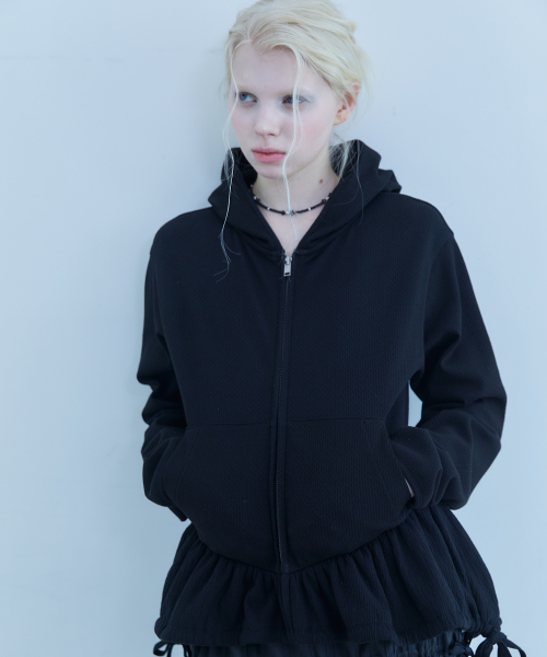 Shirring Hoodie Zip-Up Black