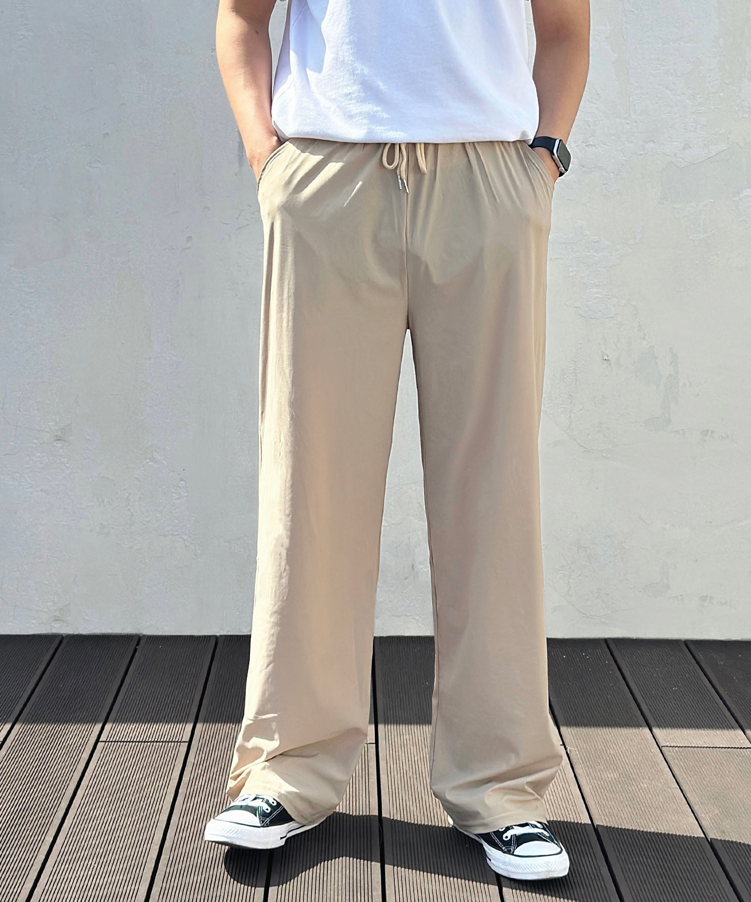 UNISEX COOLING SEMI-WIDE BANDING PANTS_BEIGE