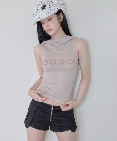 Draped Mesh Hoodie Sleeveless / Beige