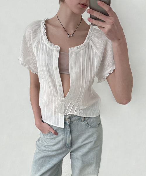 PINTUCK FRILL COTTON BLOUSE - WHITE