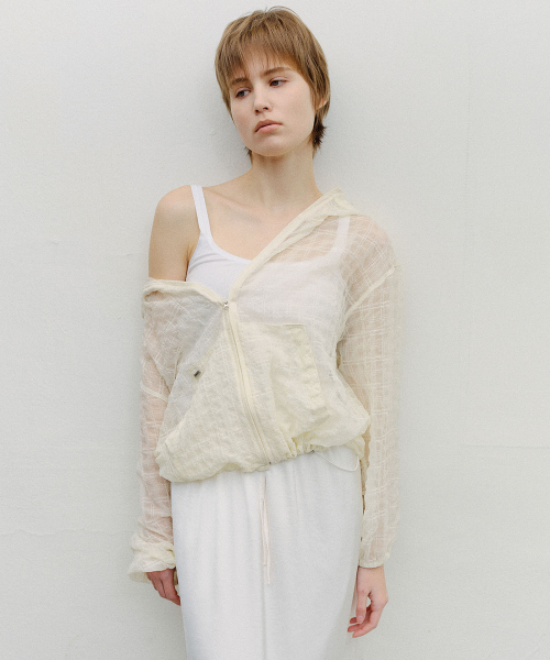 SHEER CHECK HOODED WINDBREAKER - CREAM
