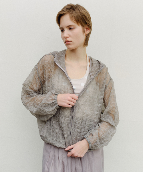 SHEER CHECK HOODED WINDBREAKER - GREY