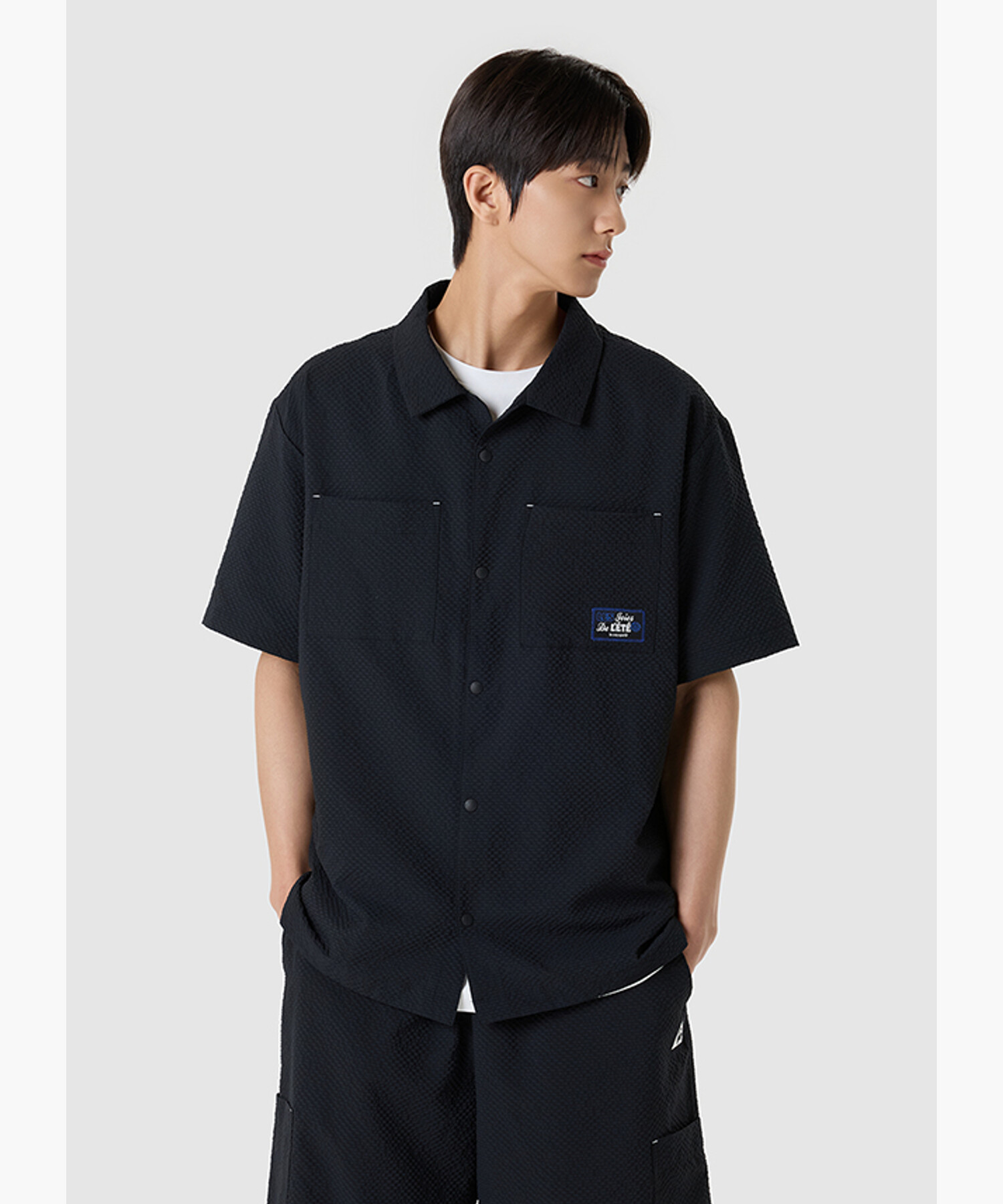 Рубашка-жакет seersucker loose fit унисекс - Black QR223LJK61
