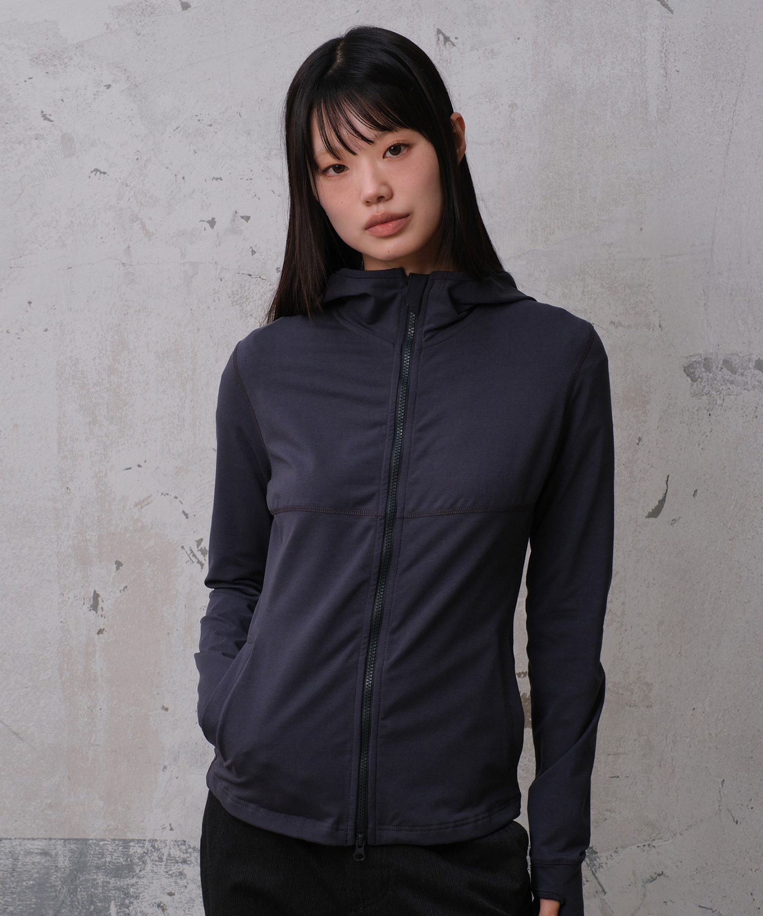 RELAXED FIT SOFT HOOD ZIP UP (NAVY)