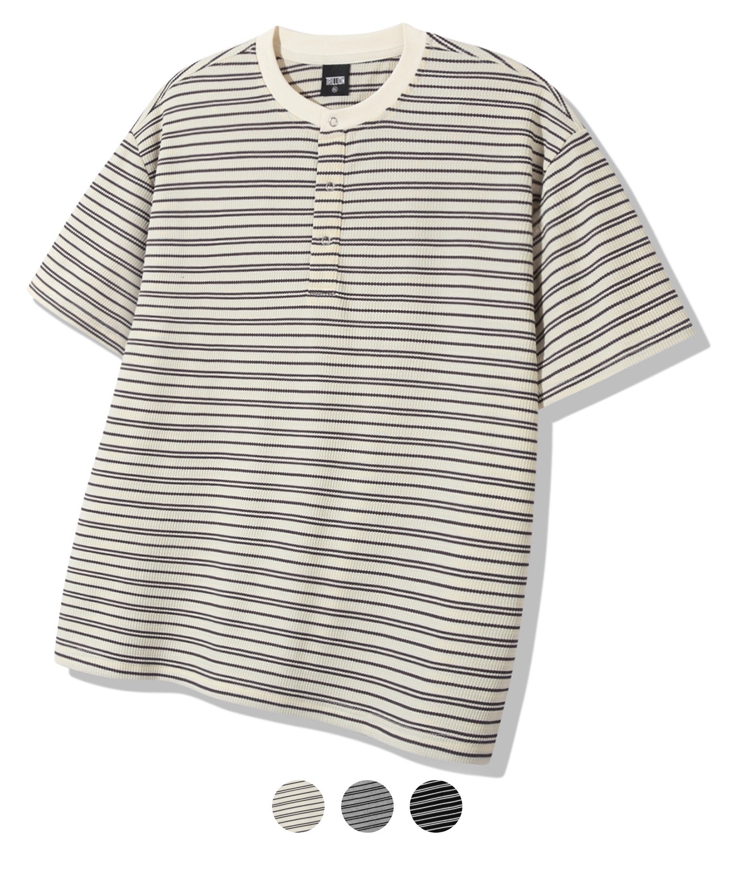 STRIPE WAFFLE RING SNAP HENLY NECK T-SHIRT_3color