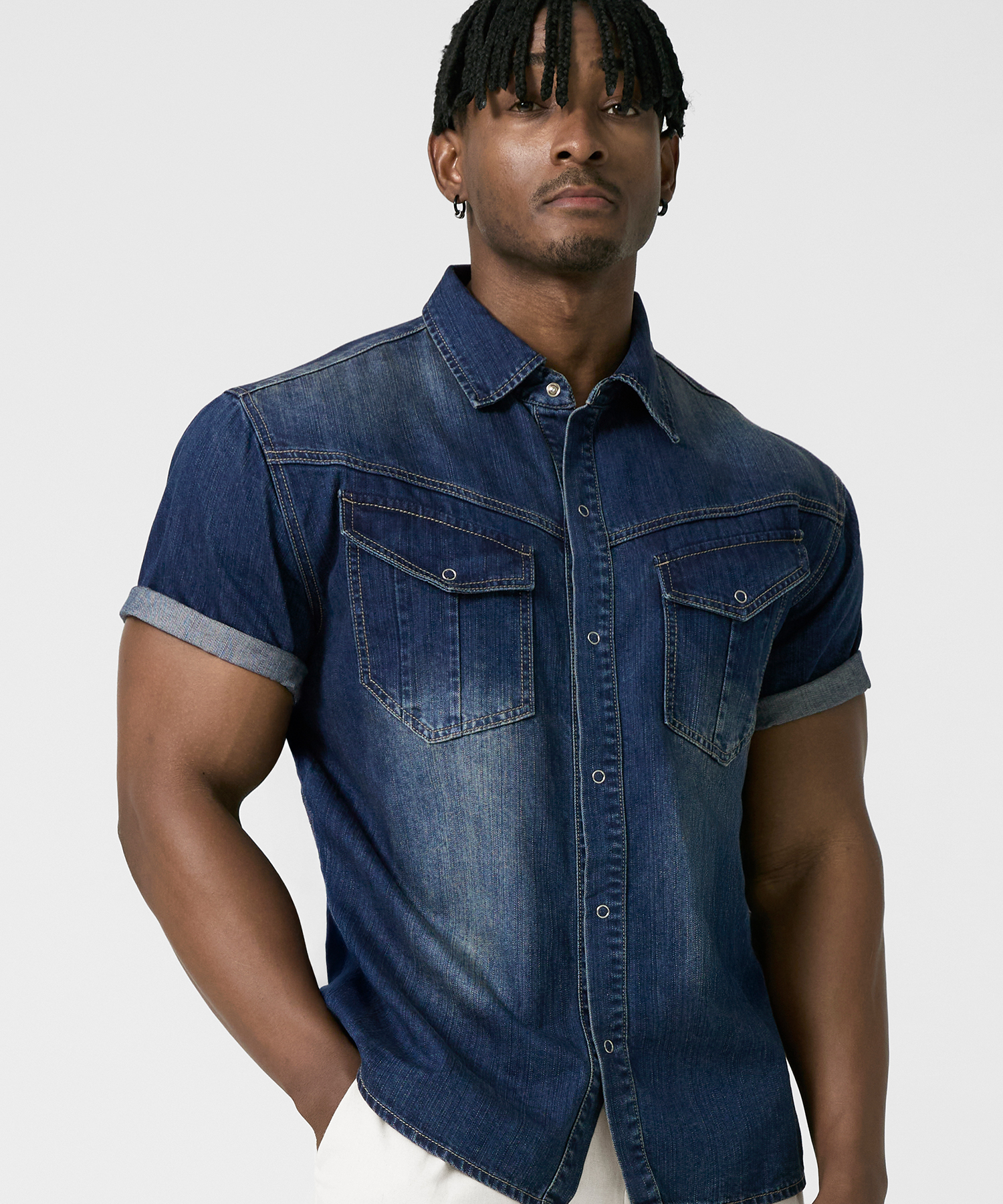 RAIN слаб прилегающий крой половинка деним SHIRTS_INDIGO синий