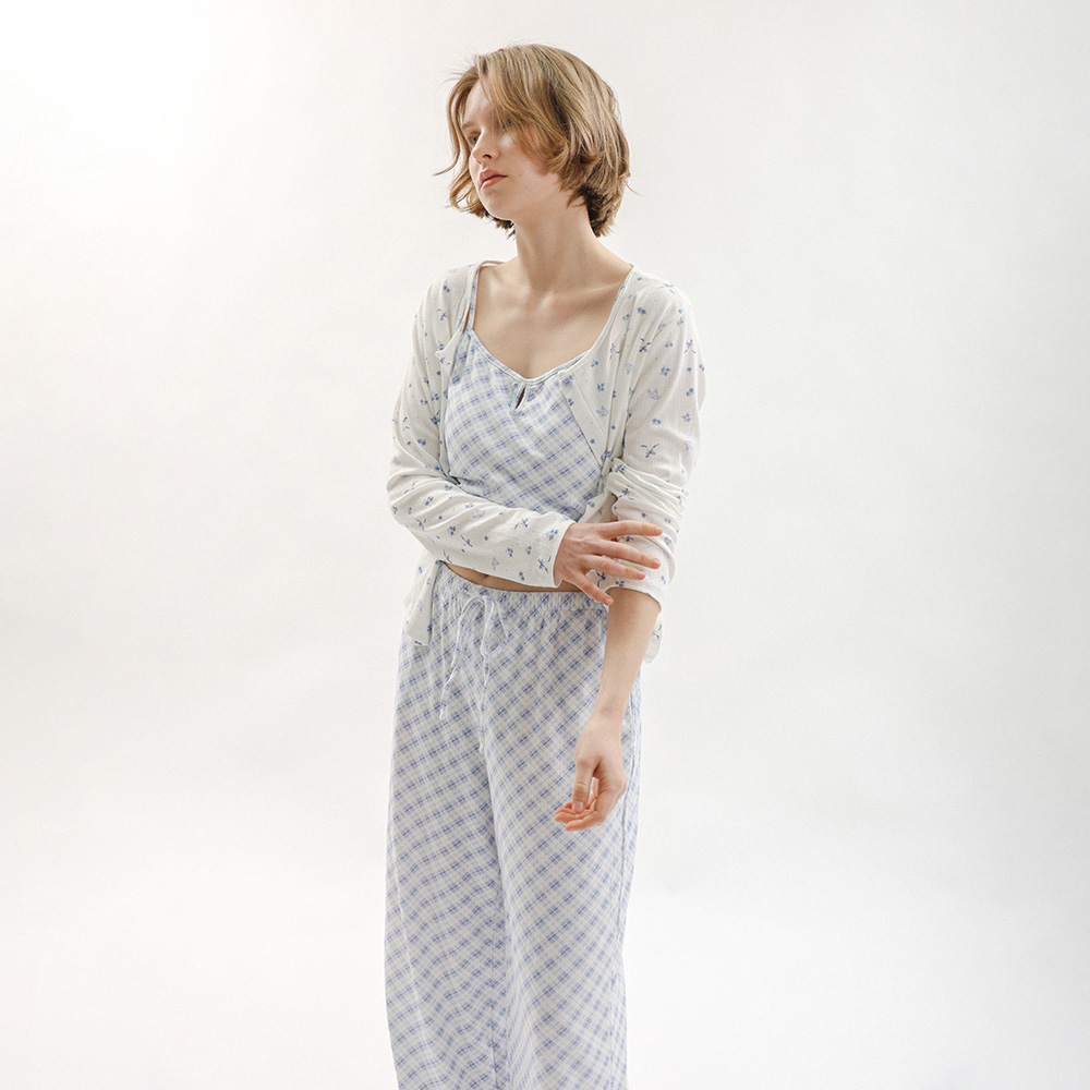 MJ_Sweet клетка цветок пижама three-piece set_BLUE