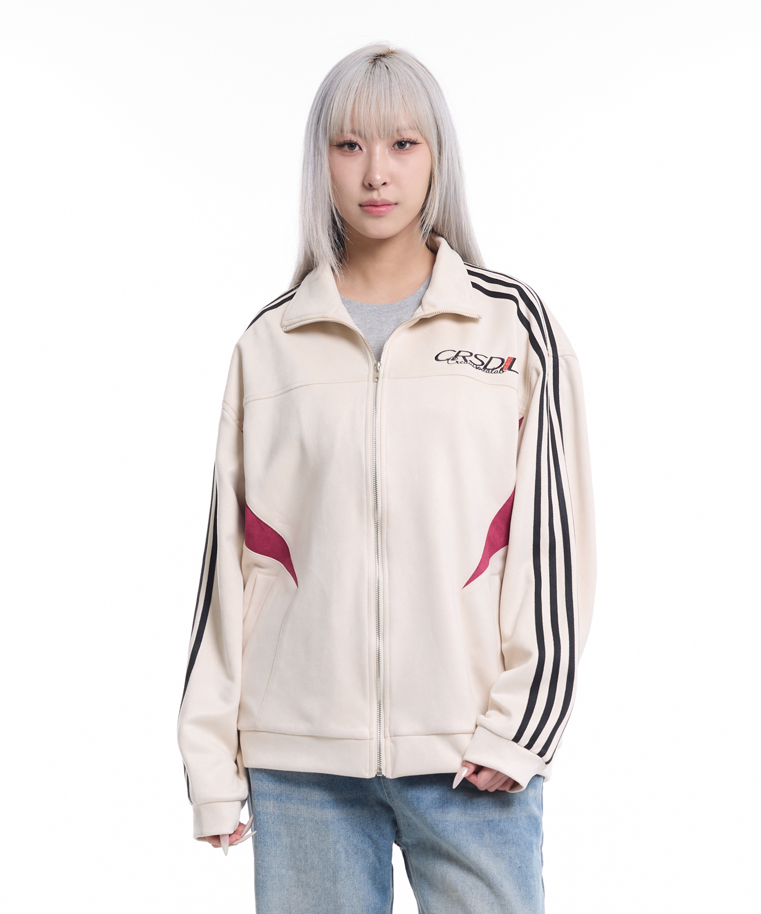 Suede Four-Line Track Coloring Zip-Up Ivory