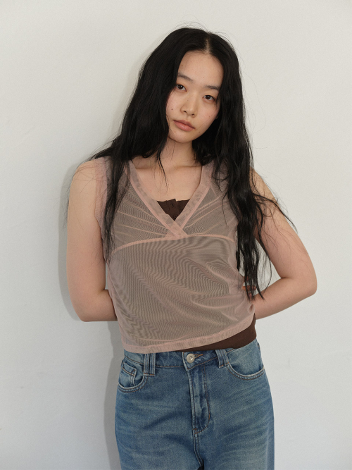 Mesh Shirring Sleeveless Top (2color)
