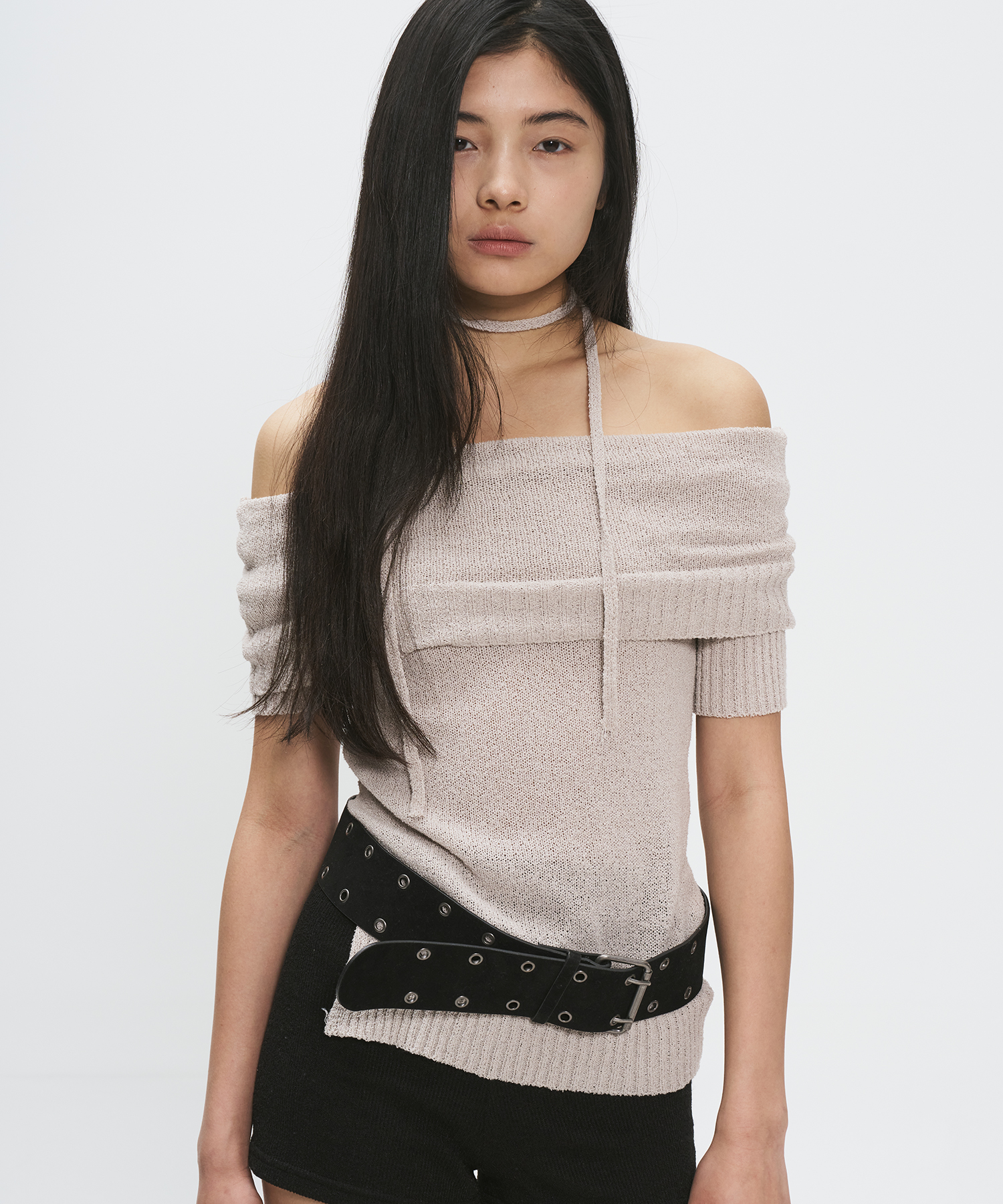Essential Soft Off-Shoulder Symbol Logo шарф & вязаный топ с коротким рукавом комплект 2COLOR