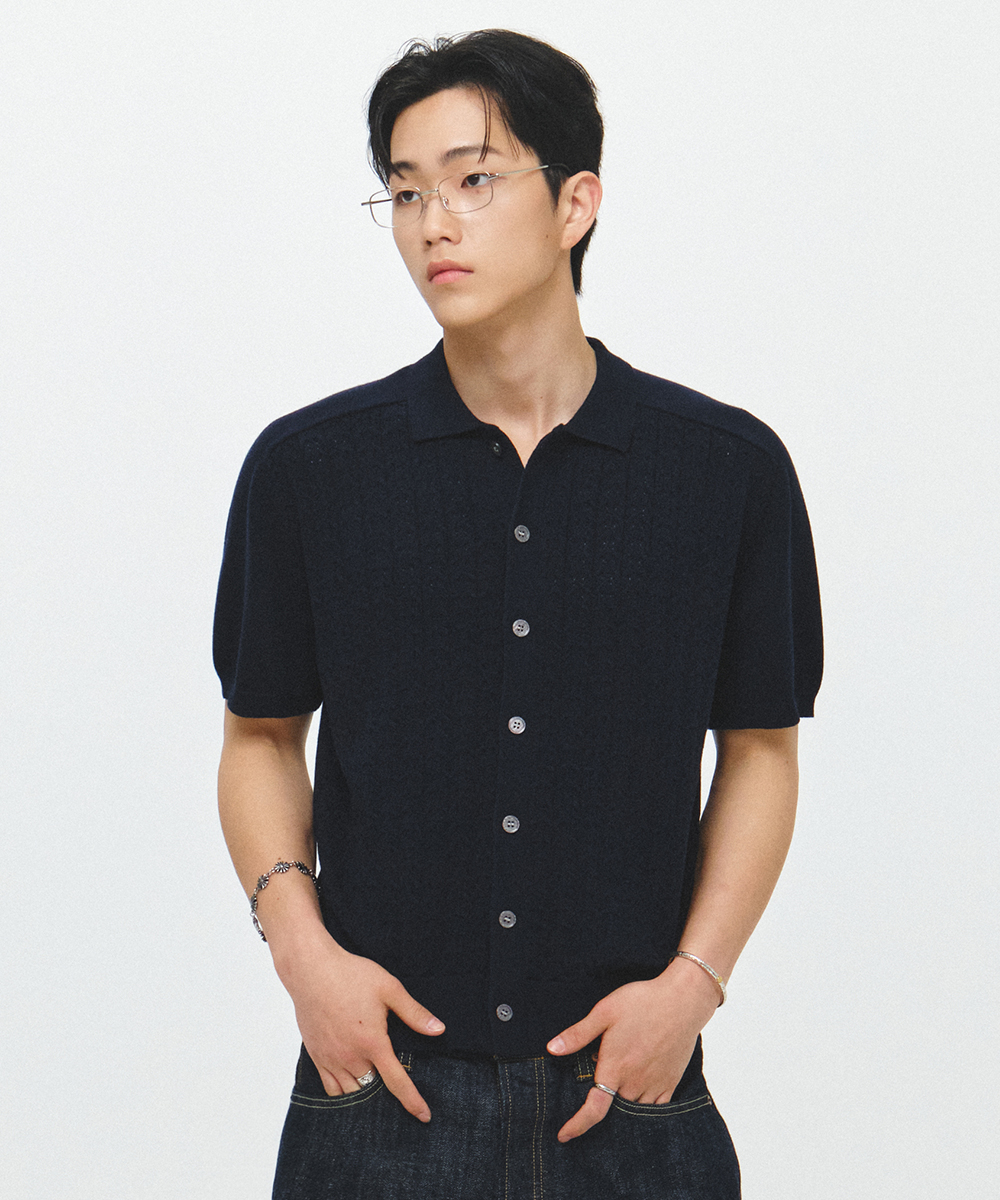 FRONT косичка CROP SHORT SLEEVE вязанный CARDIGAN_NAVY
