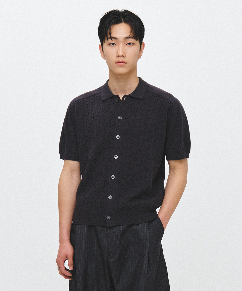 FRONT косичка CROP SHORT SLEEVE вязанный CARDIGAN_CHARCOAL