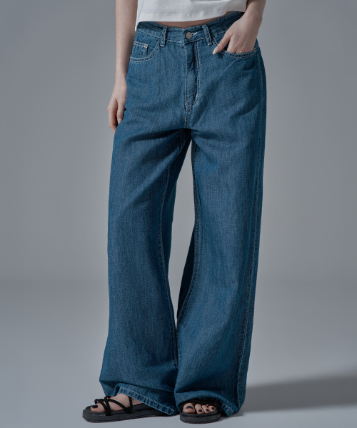 Широкие льняные джинсы W1137 Dark Blue (укороченные)