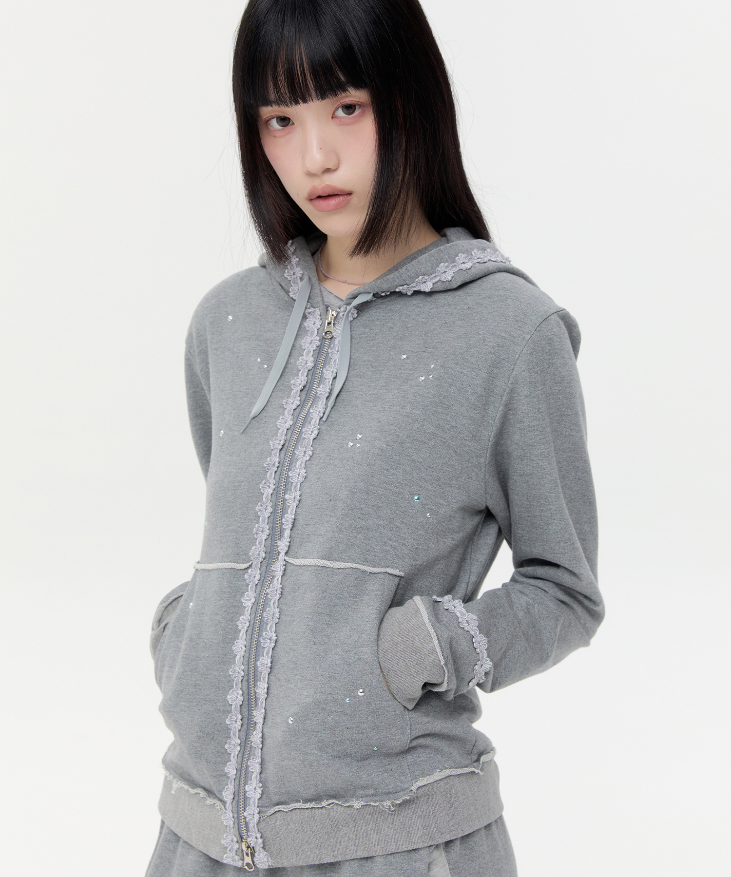 Lace Trim Hotfix Zip Hoodie [серый]