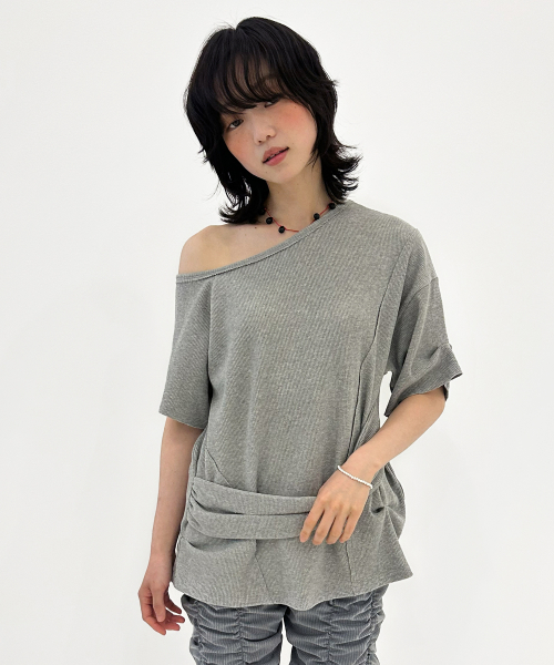 Textured Ruched Off Shoulder Short Sleeve Top [Gray]