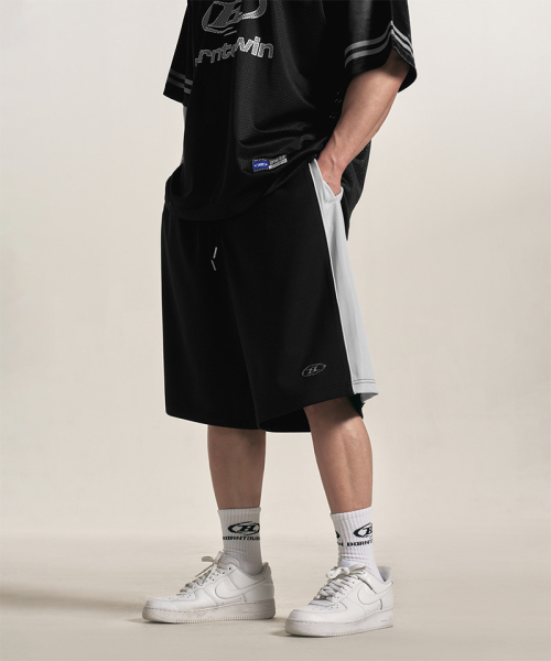 SILVER B BLOCK MESH JERSEY BERMUDA PANTS [BLACK]