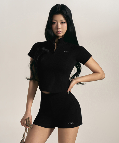 W B PENDANT RIBBED HALF ZIP-UP T-SHIRTS [BLACK]