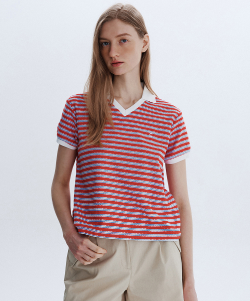 [26SM clove] Multi полоска Terry Polo рубашка (красный)