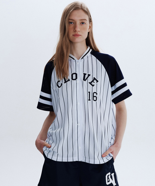 [26SM clove] Numbering полоска Baseball рубашка (темно-синий)
