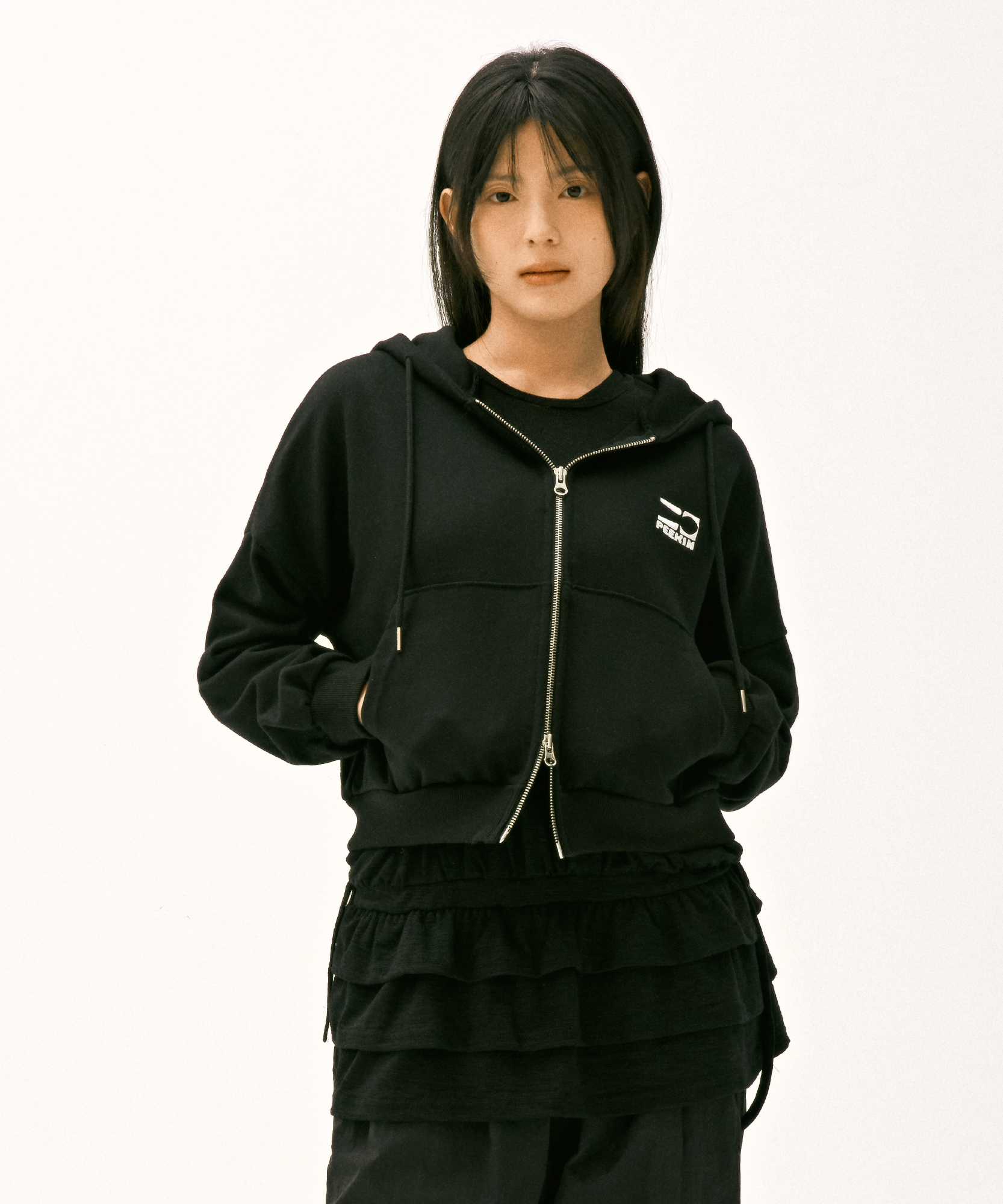 Two-Way Cropped Hoodie Zip-Up (Black