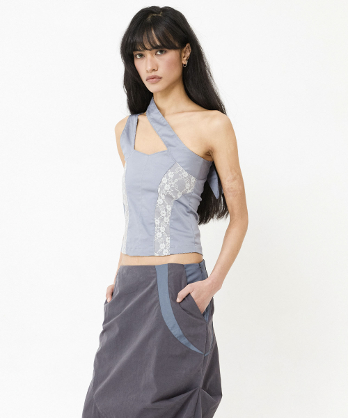 ASYMMETRIC STRAP CONTOUR LACE CORSET TOP DUSTY BLUE