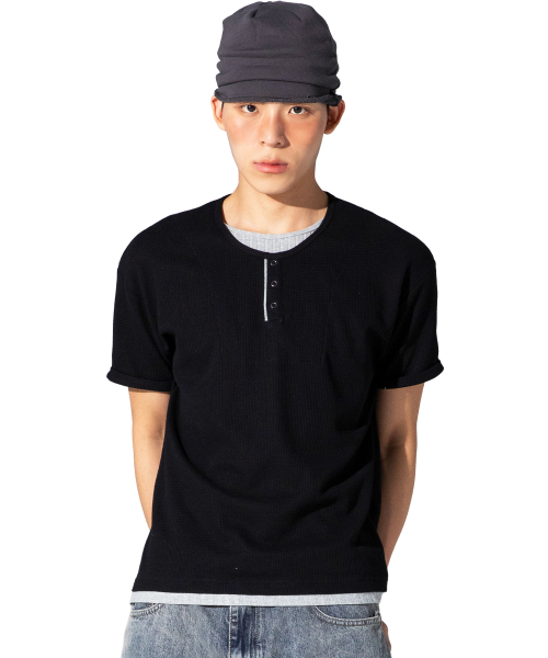 XTT158 레이어드 와플 헨리넥 티셔츠 (BLACK)
