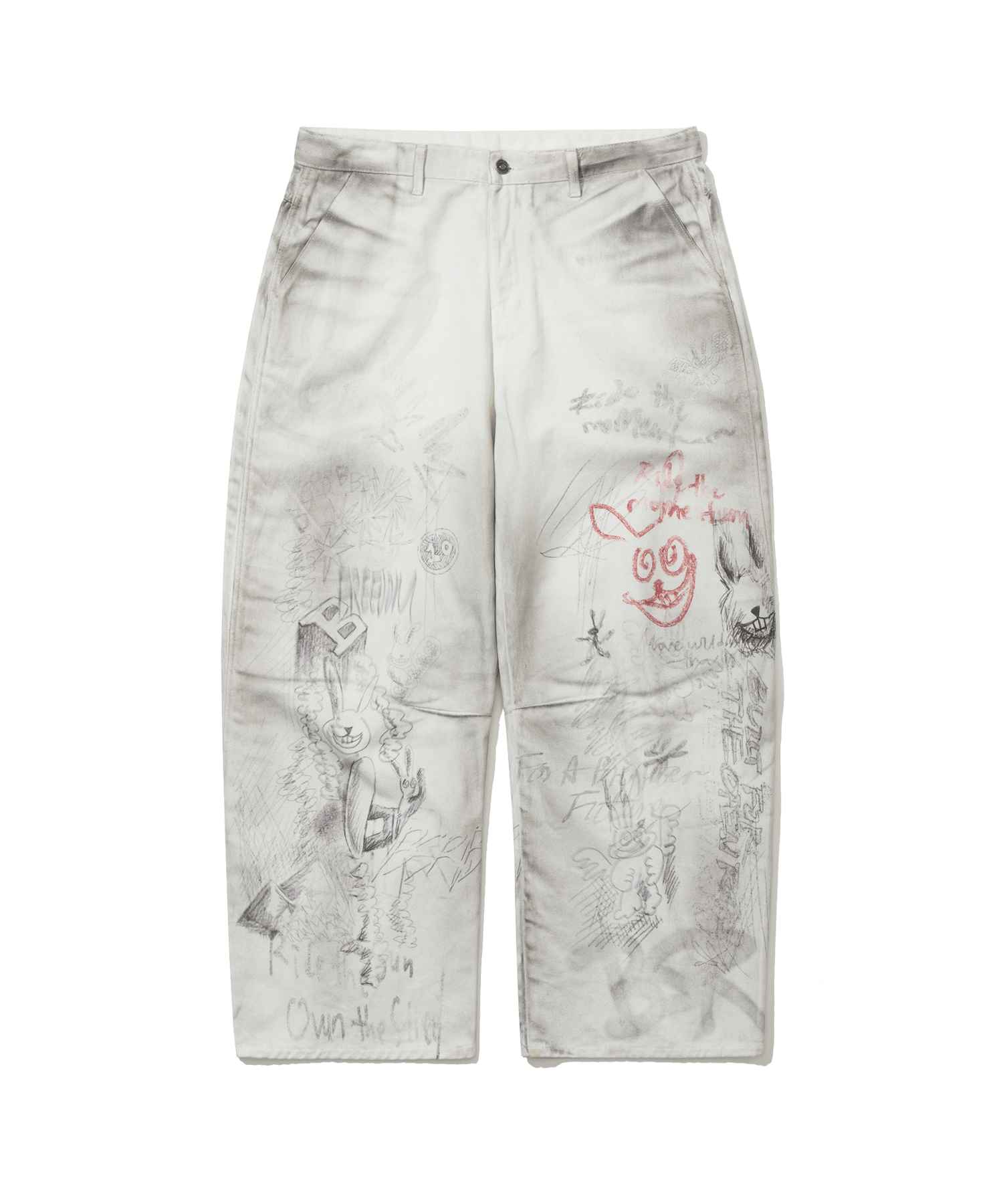 Rabbit Graffiti Barrel-Leg Vintage-Washed Denim Pants White