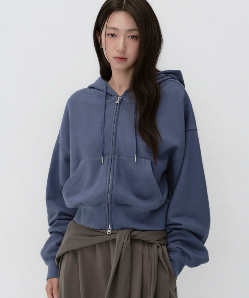 우먼즈 볼륨 크롭 후디드 스웨트 집업 [더스티 블루]