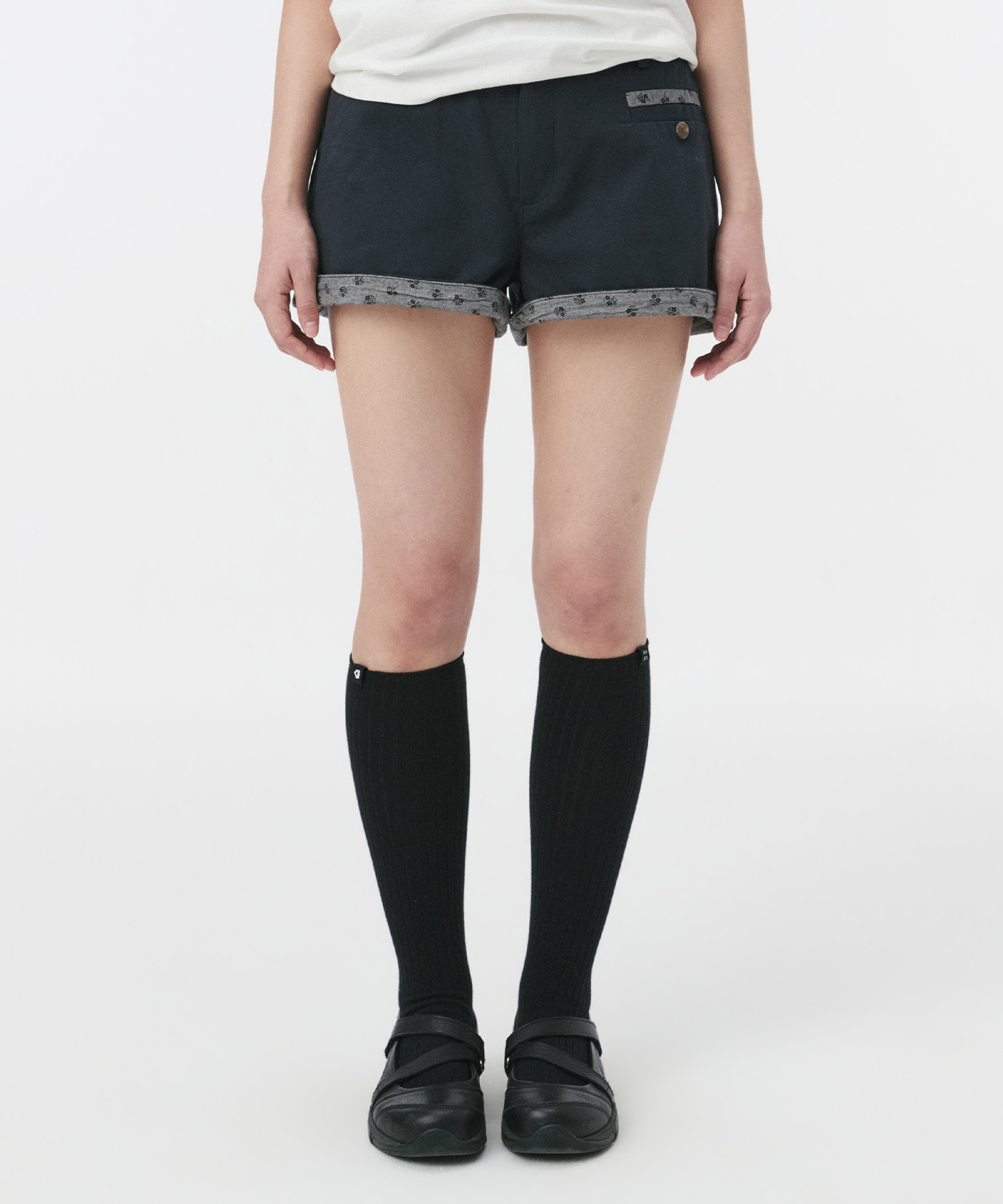 FLORAL DETAIL COTTON SHORTS, DEEP NAVY