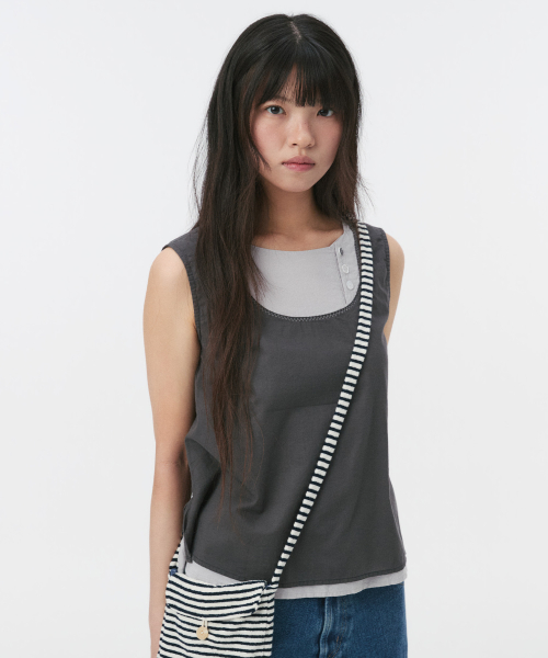 BUTTON LAYERED SLEEVELESS BLOUSE, CHARCOAL