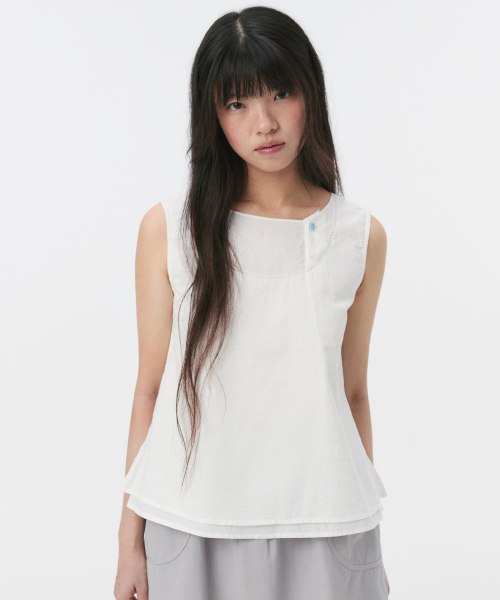 BUTTON LAYERED SLEEVELESS BLOUSE, WHITE
