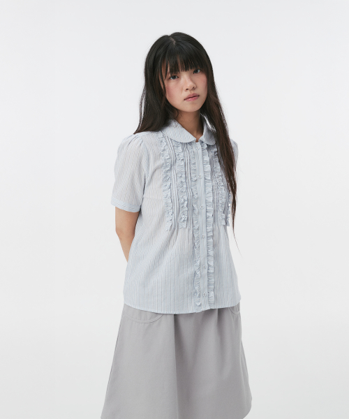 ROUND COLLAR FRILL BLOUSE, STRIPE