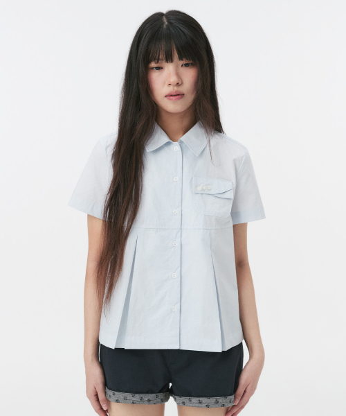 A-LINE PLEATED POCKET SHIRT, BLUE